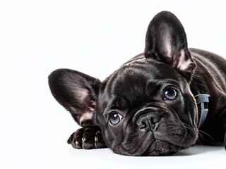 A playful black French Bulldog lies down with its big blue eyes gazing curiously in a light studio setting