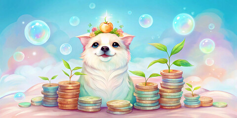 A cute dog with a crown stands among stacks of colorful coins, with small plants growing from them. Bubbles float around, enhancing the dreamy, whimsical atmosphere.AI generated.