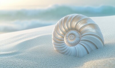 A white seashell is on a sandy beach