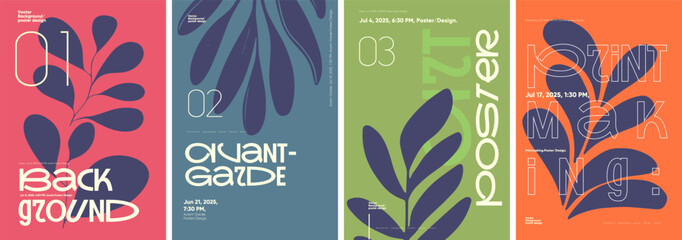 Modern poster set with bold typography and minimalist botanical graphics. Features creative layout designs, vector elements, and vibrant backgrounds for events in 2025. © Molibdenis-Studio