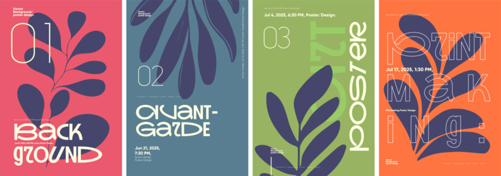 Fototapeta Modern poster set with bold typography and minimalist botanical graphics. Features creative layout designs, vector elements, and vibrant backgrounds for events in 2025.