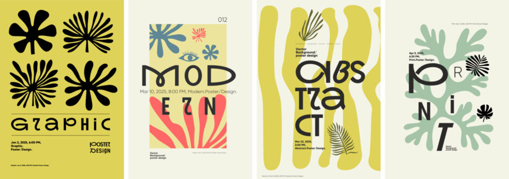 Stylish poster set combining abstract shapes with bold typography. Emphasizes minimalist layouts, modern vector graphics, and organic patterns for 2025 events.