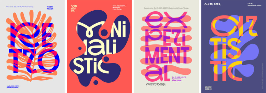 Expressive poster set showcasing bold typography with abstract shapes. Features retro, minimalist, and experimental themes, vibrant color schemes, and artistic layouts for 2025 events.