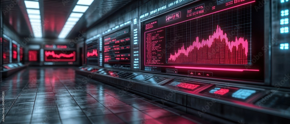 Poster Futuristic Interior with Rows of Monitors Displaying Financial Data