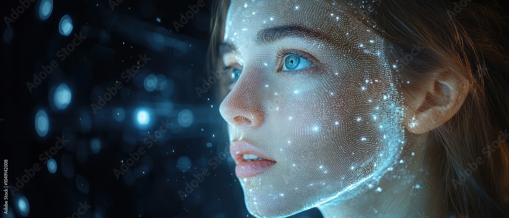 Poster Close-up of a Woman's Face with a Glowing Mesh Pattern