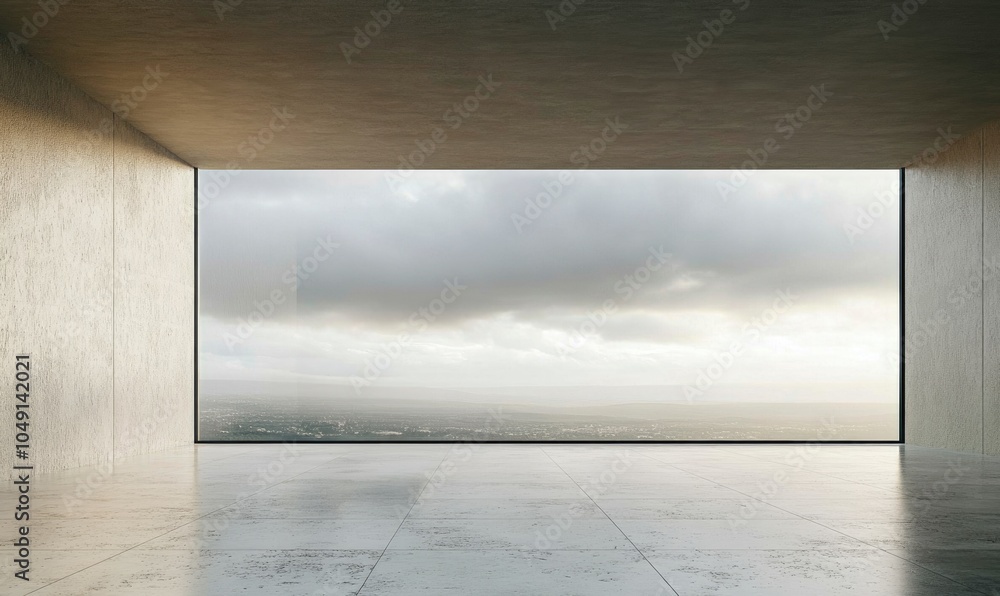 Poster a large window in a building with a cloudy sky outside