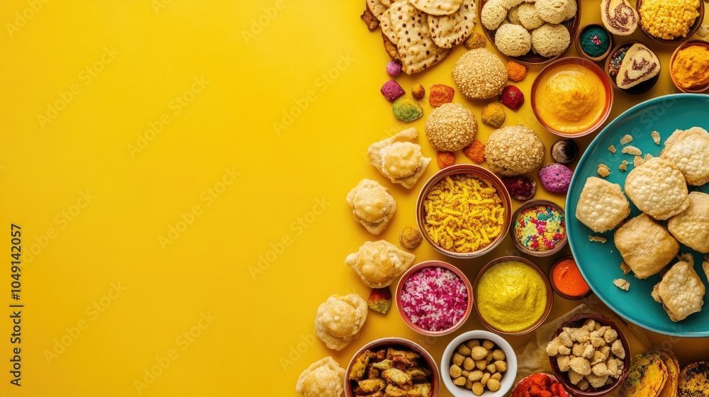 Wall mural a variety of indian festival snacks and sweets for pongal and makar sankranti, with colorful present