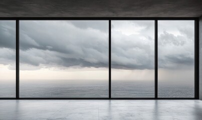 Fototapeta premium A window with a view of the ocean and a cloudy sky