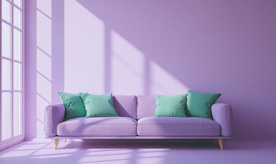 A purple couch with green pillows sits in a room with a light blue wall