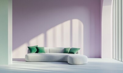 A white couch with green pillows sits in a room with a light blue wall