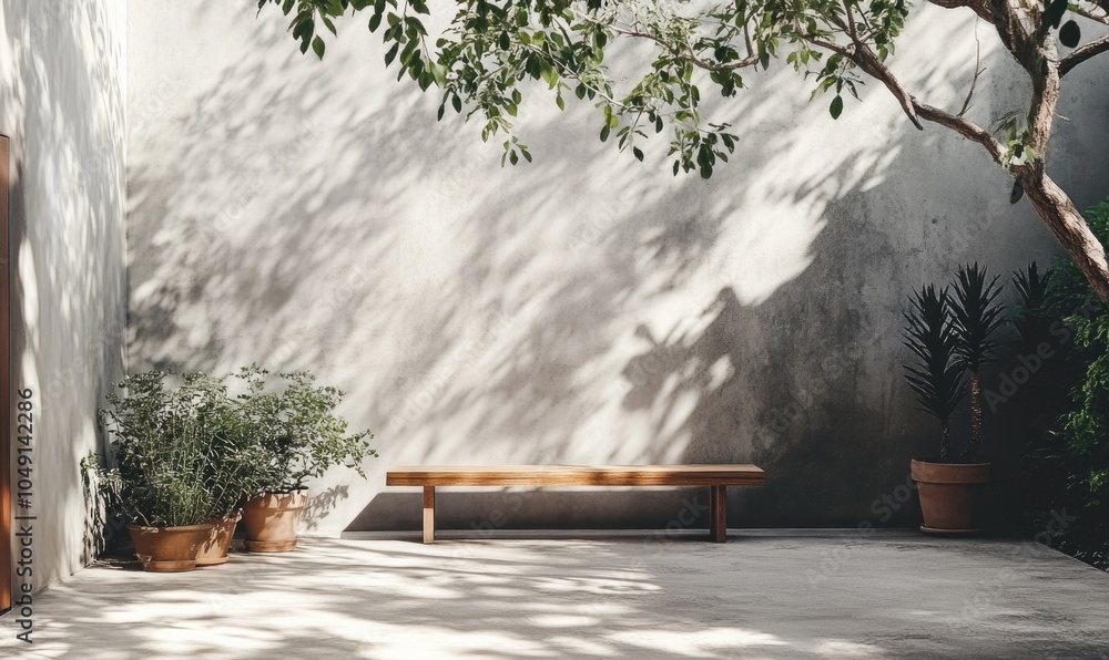 Poster a bench sits in front of a wall with a tree in the background