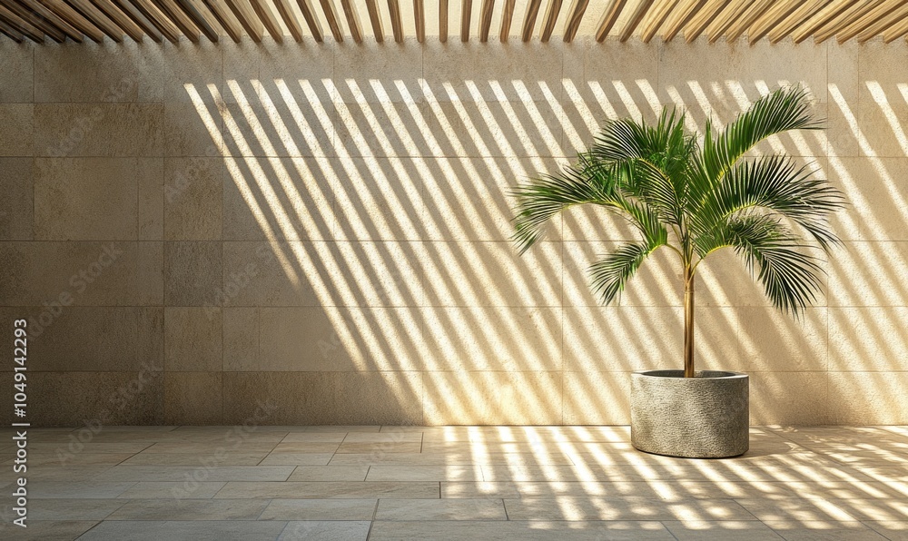 Poster a large palm tree is sitting in a small planter in front of a wall