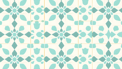 craft tile interior, Mid century modern style seamless vector pattern with geometric floral shapes colored in white and aqua blue. Retro geometric pattern sixties style isolated with white highlight
