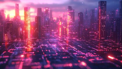Fototapeta premium Futuristic Cityscape with Neon Lights and a Glowing Tower