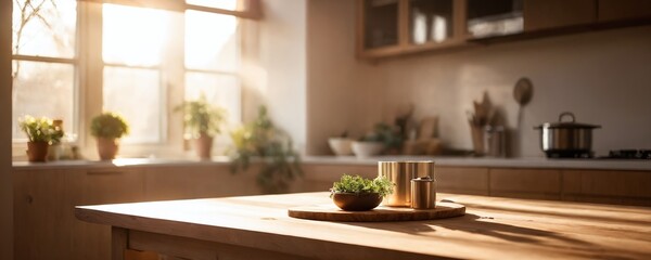 Bright kitchen with plants and cooking utensils during golden hour