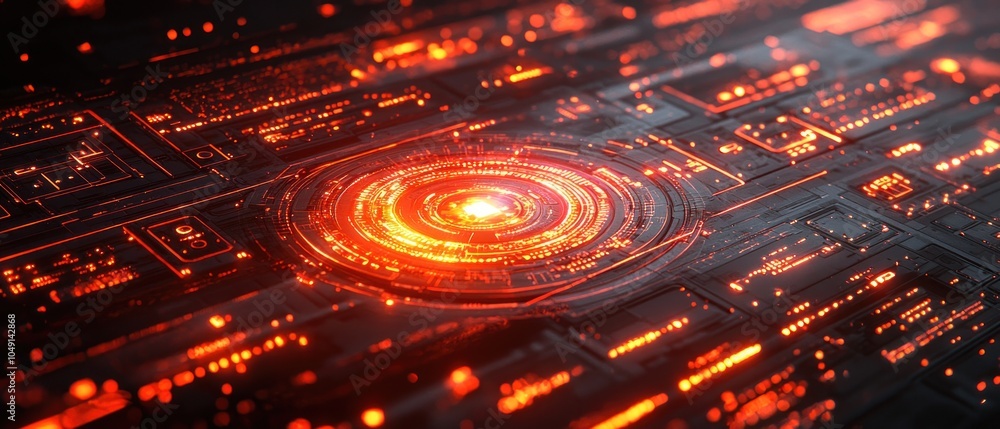 Poster Glowing Red Circuit Board with Circular Interface