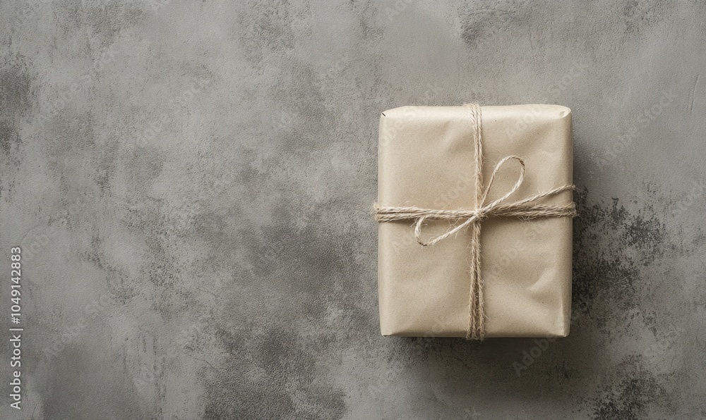 Poster a brown box with a string tied to it is sitting on a grey surface