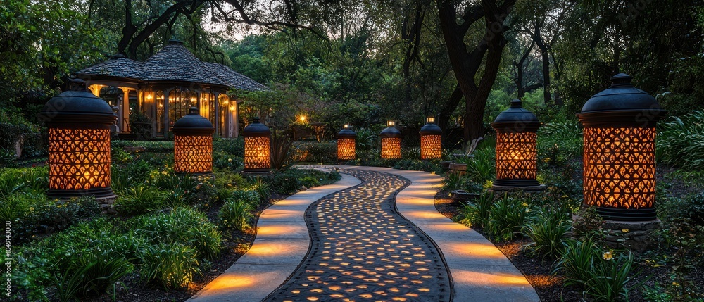 Poster illuminated stone path leading to a rustic gazebo in a lush garden