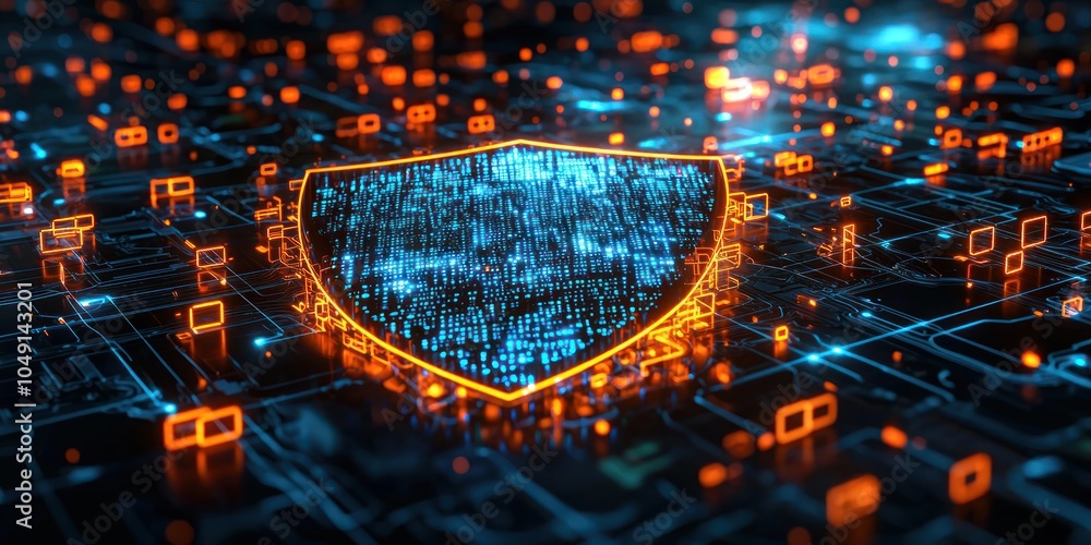 Aufkleber Glowing Digital Shield on Abstract Circuit Board Background