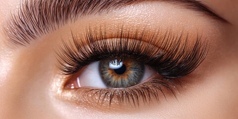 Obraz premium Close-up of a woman's eye with long eyelashes and shimmery eyeshadow.