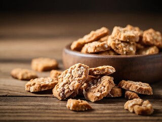 Obraz premium Freshly baked almond cookies arranged artfully in a wooden bowl on a rustic table, showcasing a delightful homemade treat