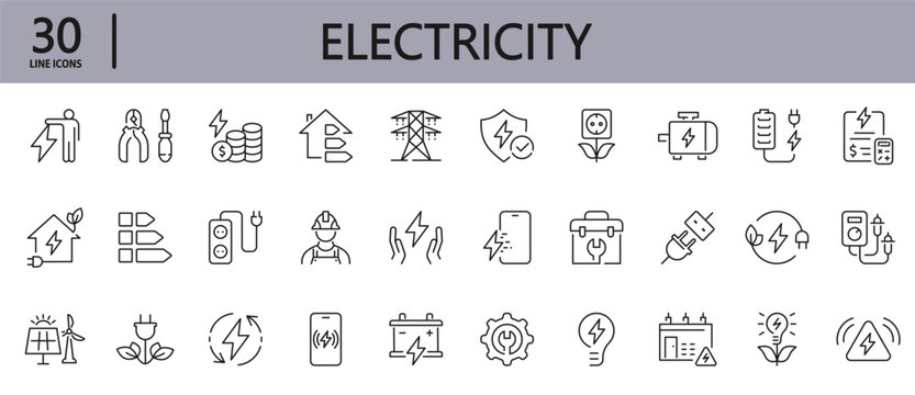 Electricity icons line set with Electrical, Bulb, Cord, Electric, Socket, Sign, Technology, Electrician and more. Editable Stroke