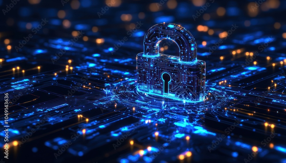 Poster Digital lock on a futuristic circuit board with glowing blue lines and orange lights