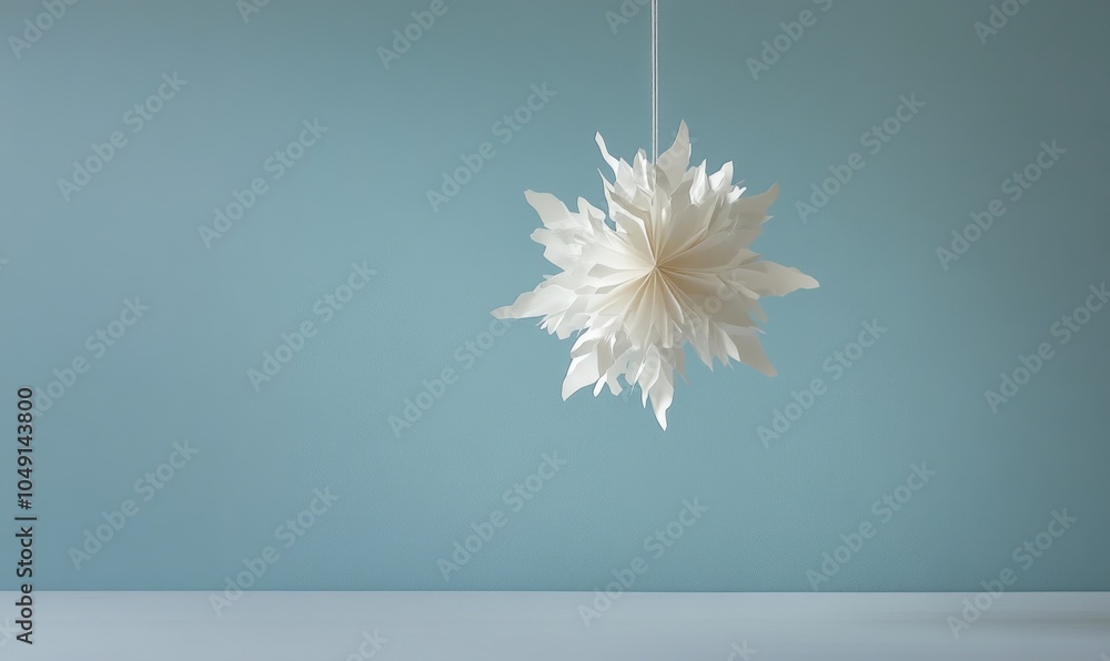 Poster a white paper snowflake is suspended from a string