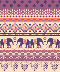 Seamless Thai pattern with elephant motifs and traditional weaving design. Cultural and playful, perfect for children's fabric and souvenirs.