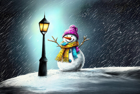 Colourful cartoon illustration of a snowman near a lit street lamp on Christmas night, hyper-realistic pop art, ultra-detailed character design, art style is pencil, vivid colours and high resolution