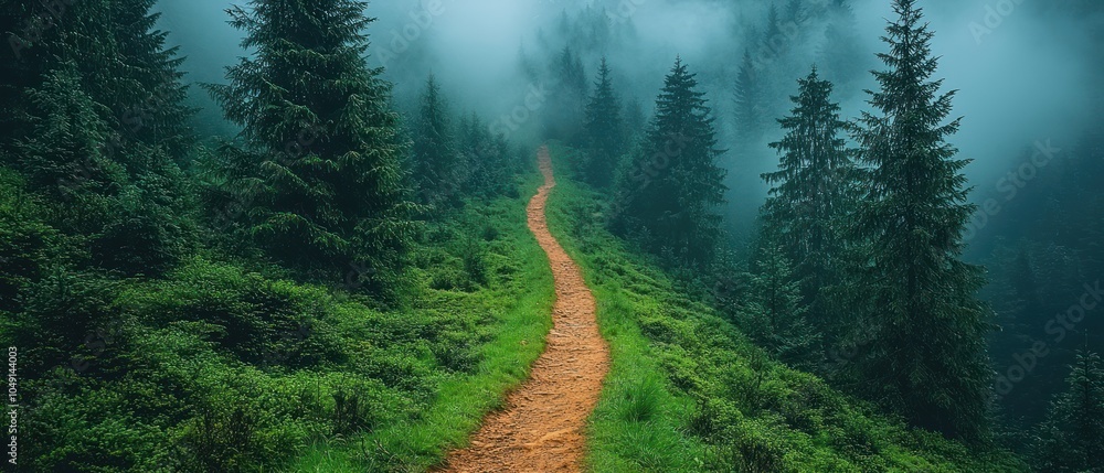 Poster winding path through foggy forest