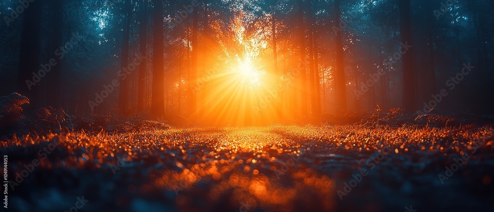 Poster Sunbeams Illuminating a Forest Path