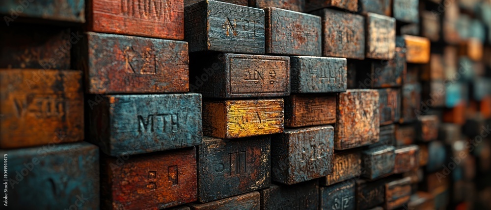 Poster close-up of a wall made of old, weathered wooden blocks with various markings and inscriptions.