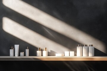 Table with product stand and abstract light on dark wall. Background for products, cosmetics, food, jewelry. Front view. Mockup. generative ai