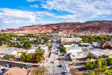 Aerial view of Moab, Utah along Main street. Moab is the largest city and county seat of Grand...