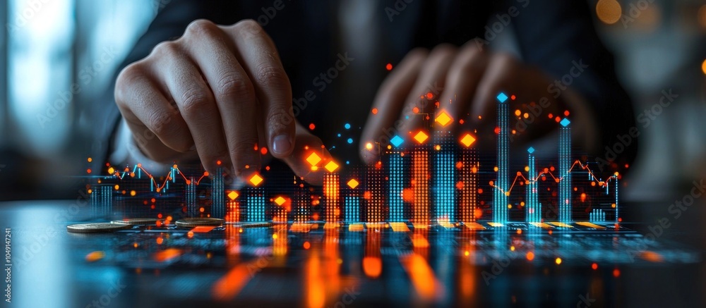 Aufkleber hand interacting with a digital stock market graph with coins in foreground