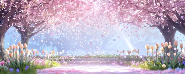 A tranquil spring pathway lined with cherry blossoms, tulips, and vibrant flowers illuminated by soft sunlight in an enchanting garden