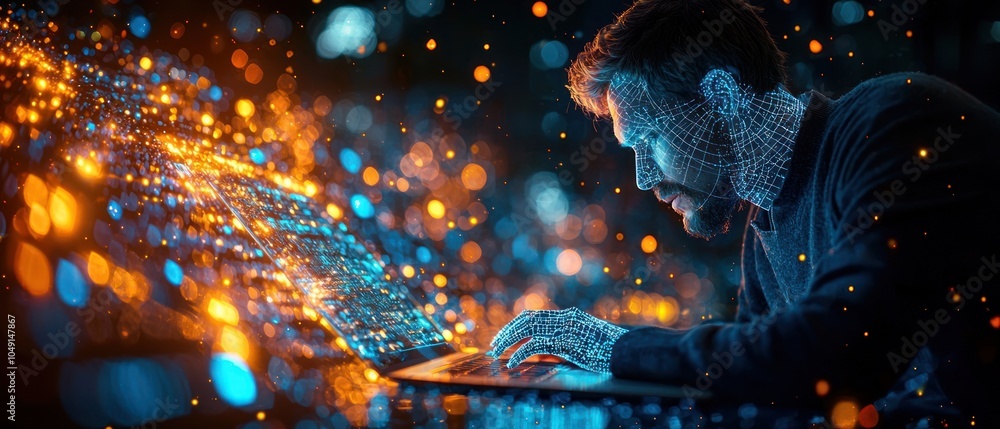 Aufkleber Man with Digital Face Using a Laptop with a Glittering Background