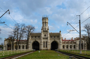 View of the old building of the New Peterhof railway station on an autumn day