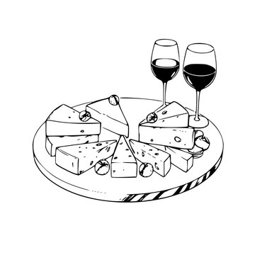 cheese plate with wine glasses sketch clip art preview