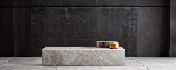 Modern interior design featuring a sleek marble coffee table and minimalist decor in an elegant dark setting