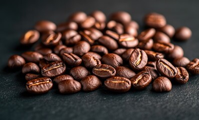 Naklejka premium A pile of coffee beans on a dark surface