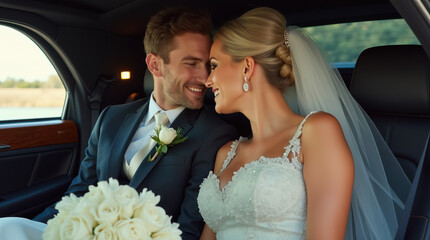 Newlyweds in the back of a limousine on the way to their reception. They are smiling and posing forehead to forehead. The bride's eyes are closed.