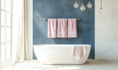 A bathroom with a white bathtub and pink towels hanging on a towel rack