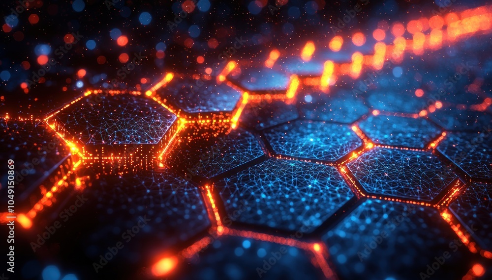 Poster Abstract digital network with glowing hexagonal structures and particles