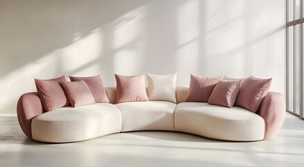 A soft rounded corner sofa in light tones on the background of an empty room with large windows. The interior design is minimal with smooth walls and concrete floors. Neutral wall colors and window