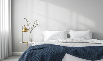 A bedroom with a white bed and a blue blanket