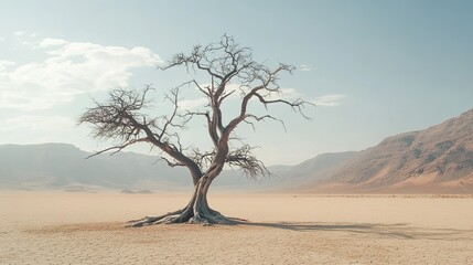 Fototapeta premium Dry, lifeless tree in the middle of a desert, symbolizing the effects of drought and environmental degradation, with ample room for copy.