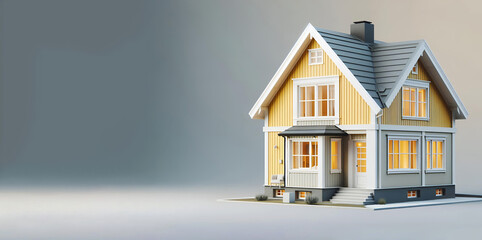 Yellow house model and banner background template for real estate property sale