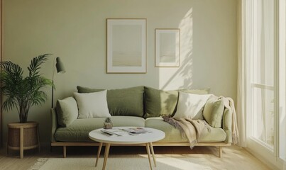 A living room with a green couch and a white coffee table